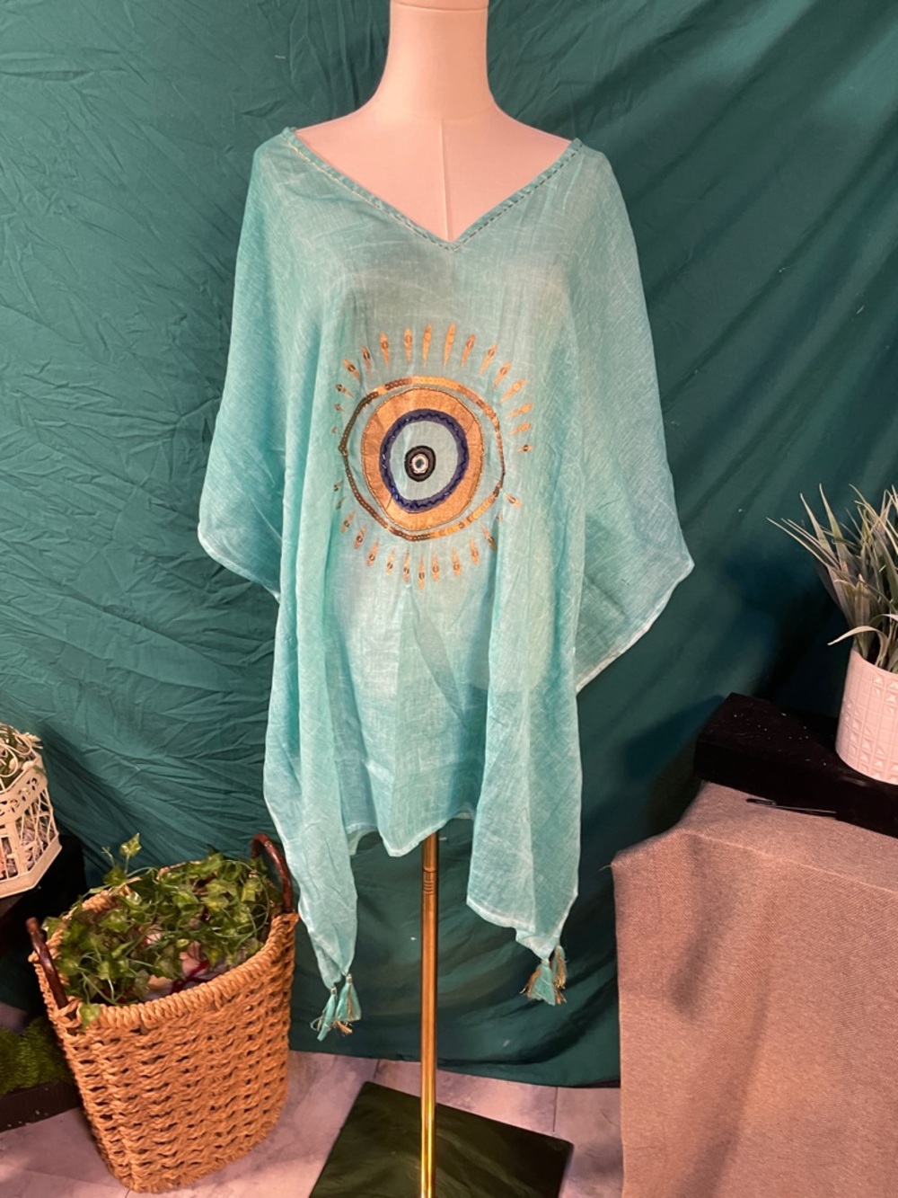 Rhea Costa Seafoam Blue Tunic with Embellished Sun Motif